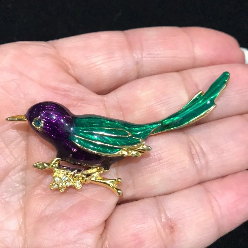 Vintage Purple/Green Enamel Hummingbird Brooch